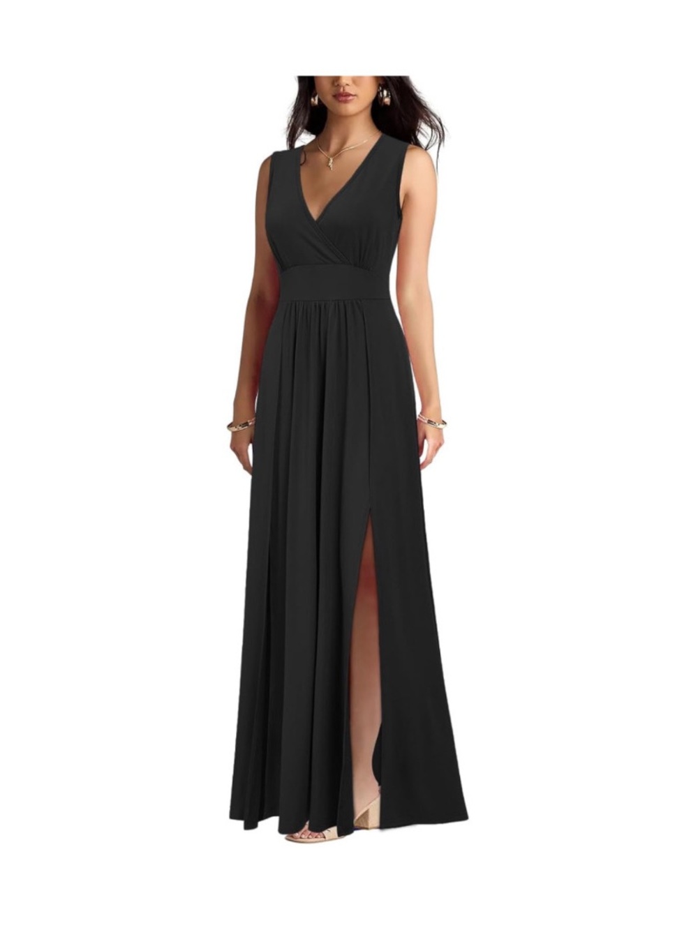 Sleeveless Deep V Neck Sexy Split Loose Plain Maxi Casual Long Dress Black
